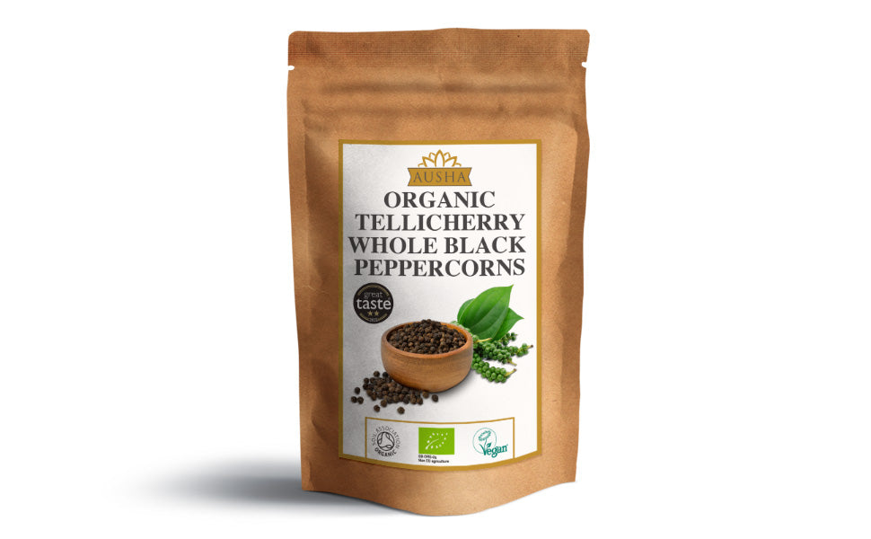 Ausha Organic Tellicherry Black Peppercorns