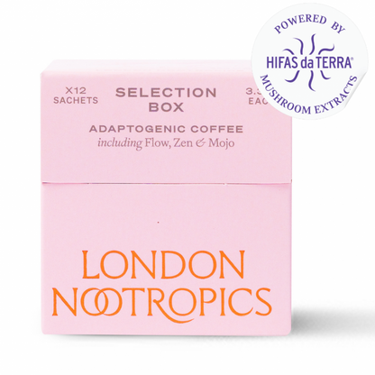 London Nootropics Selection Box Adaptogenic Coffee Flow, Zen &amp; Mojo 12 Sachets (PINK)