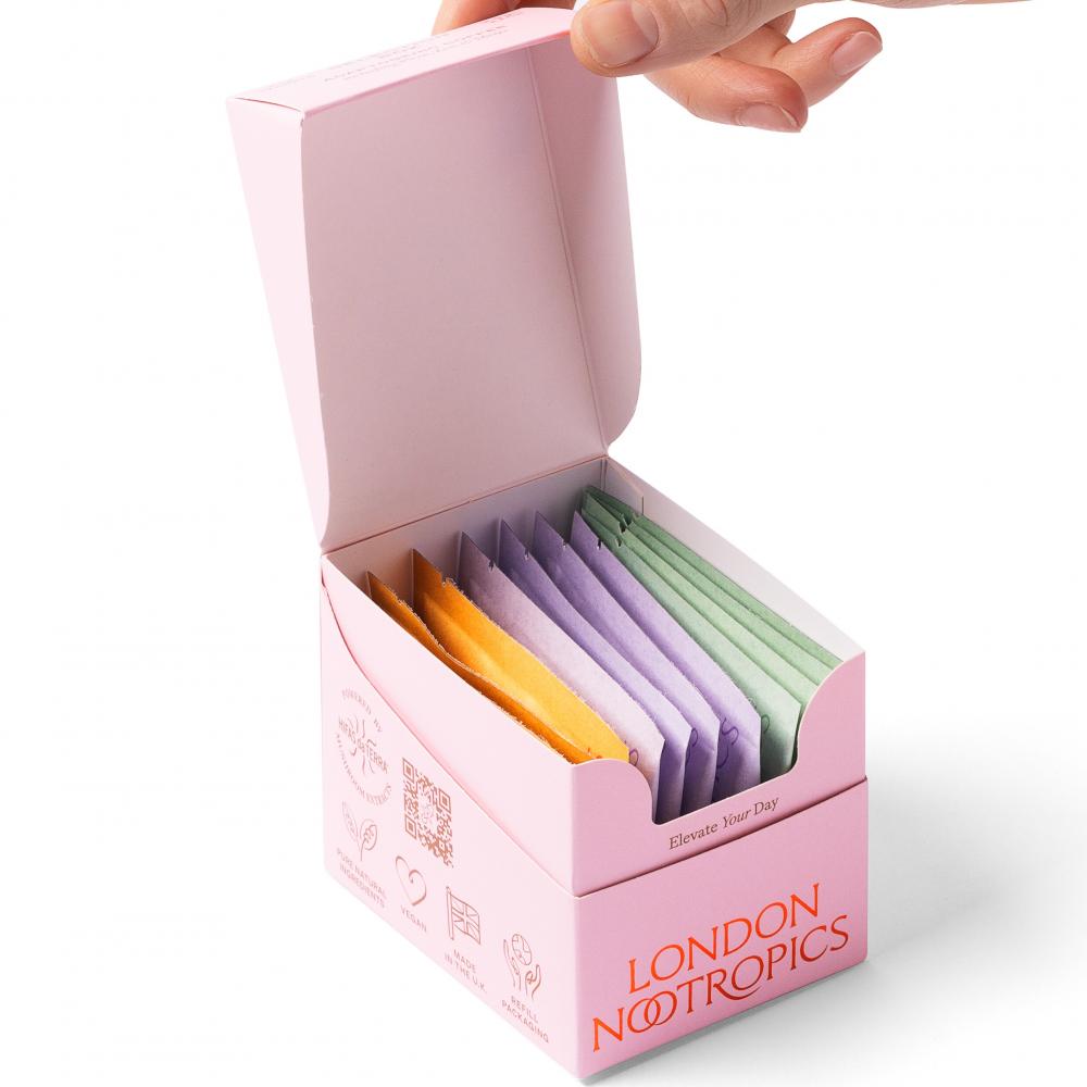 London Nootropics Selection Box Adaptogenic Coffee Flow, Zen &amp; Mojo 12 Sachets (PINK)