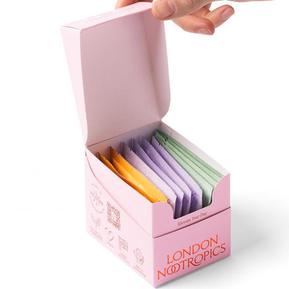 London Nootropics Selection Box Adaptogenic Coffee Flow, Zen &amp; Mojo 12 Sachets (PINK)