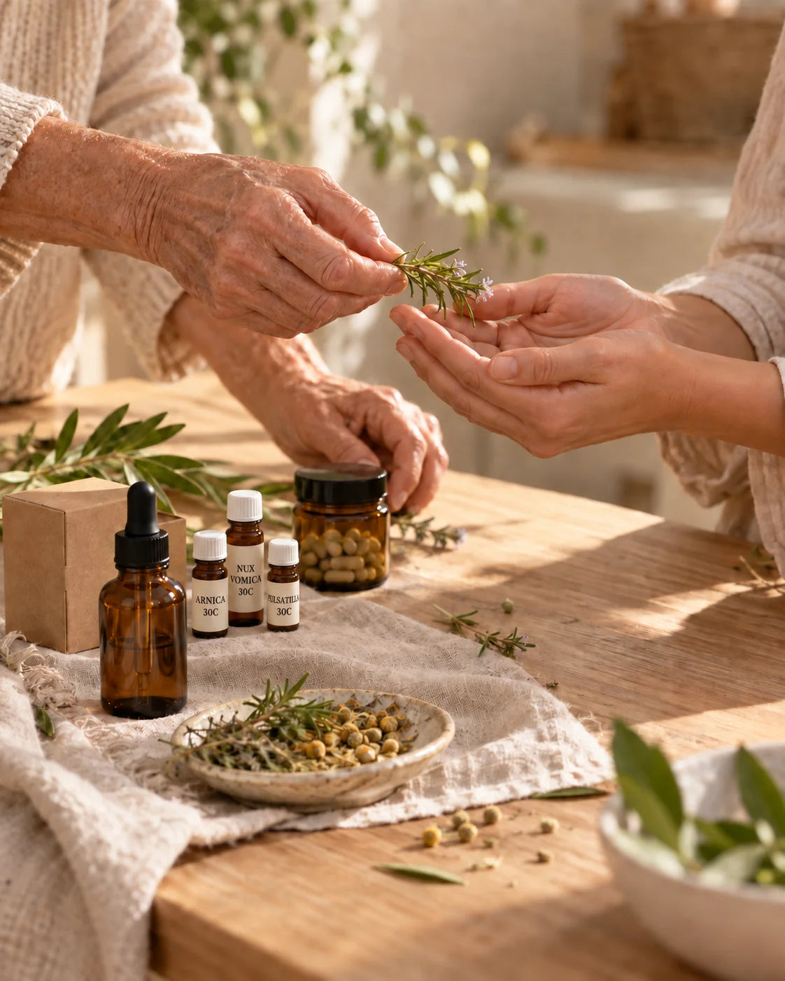 Two generations of a family sharing herbs and natural remedies over a rustic wooden table. Several amber glass dropper and bottle containers are arranged on a beige linen cloth alongside the herb sprigs.